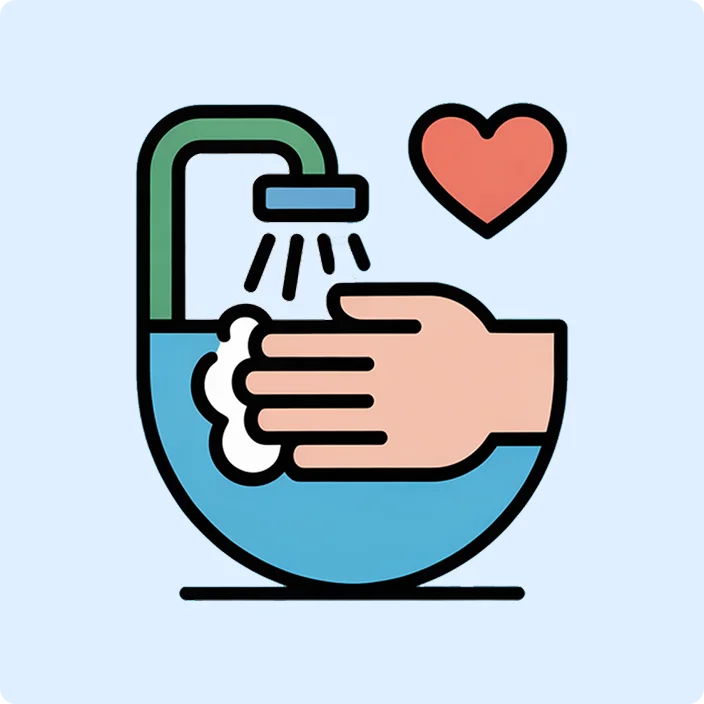 Hands washing with soap under running water, showing hygiene awareness in a kids hospital game.